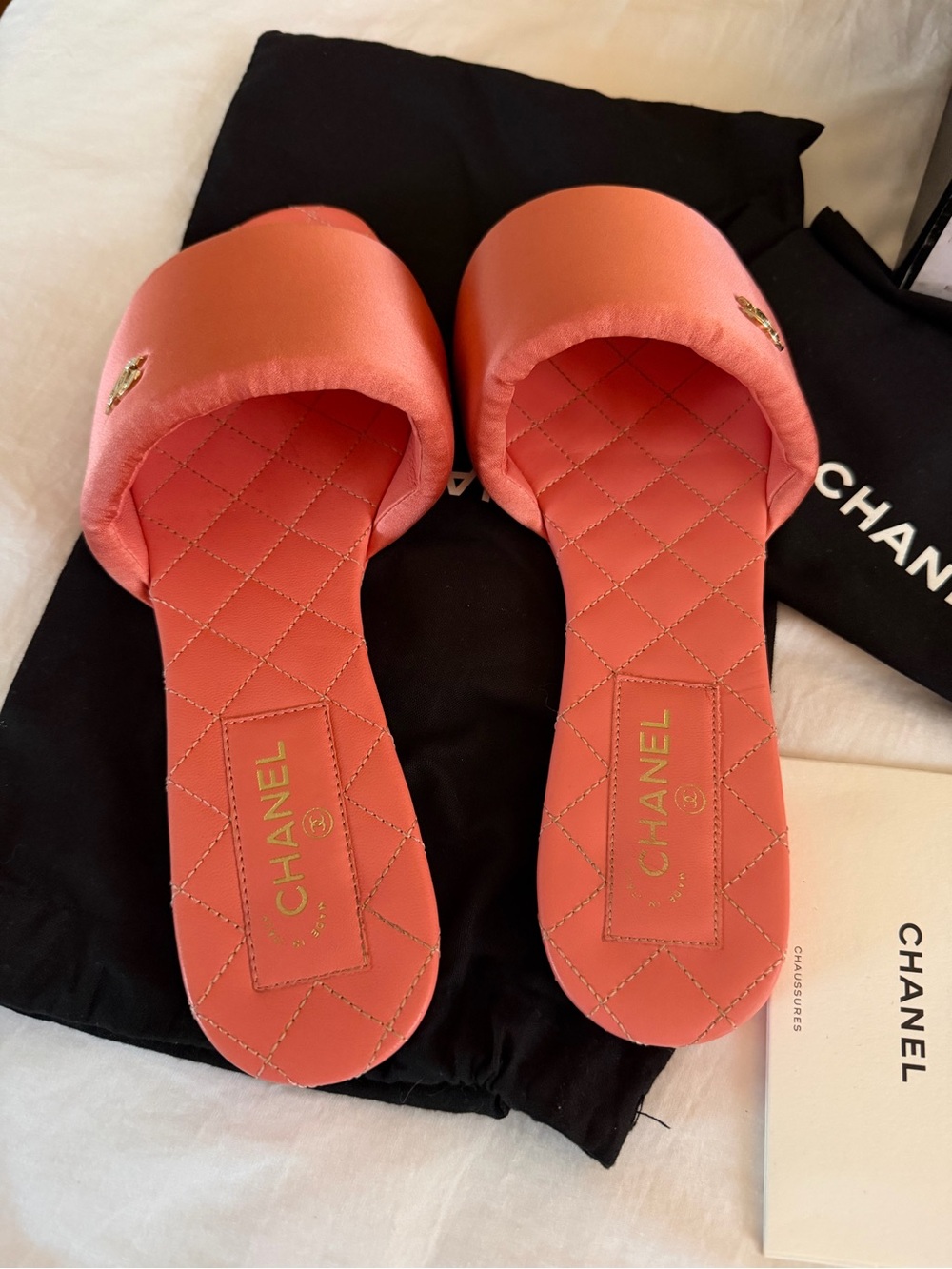 CHANEL Coral Orange Satin CC Mules Slides EU 37.5 | Worn Twice | Box & Dust Bag - Picture 5 of 7